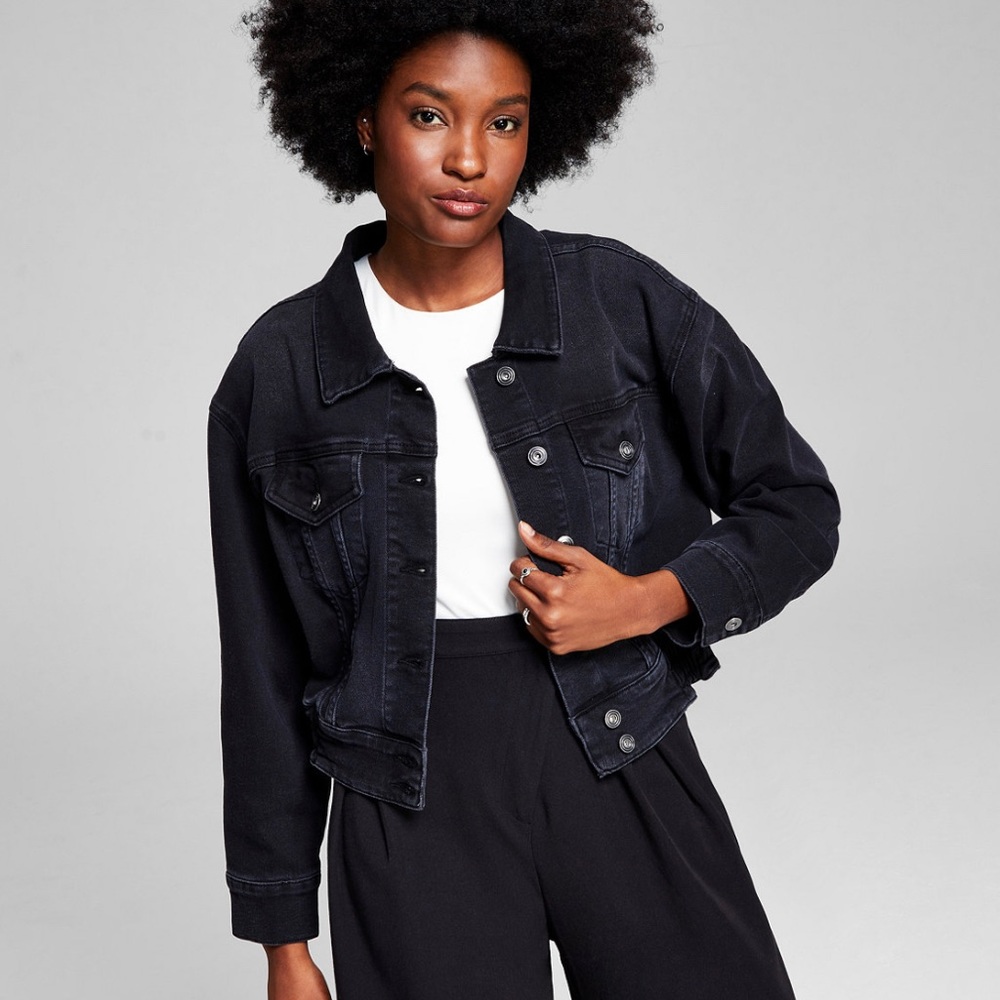 NWT And Now This Women's Relaxed Cropped Denim Jacket Black Wash XS